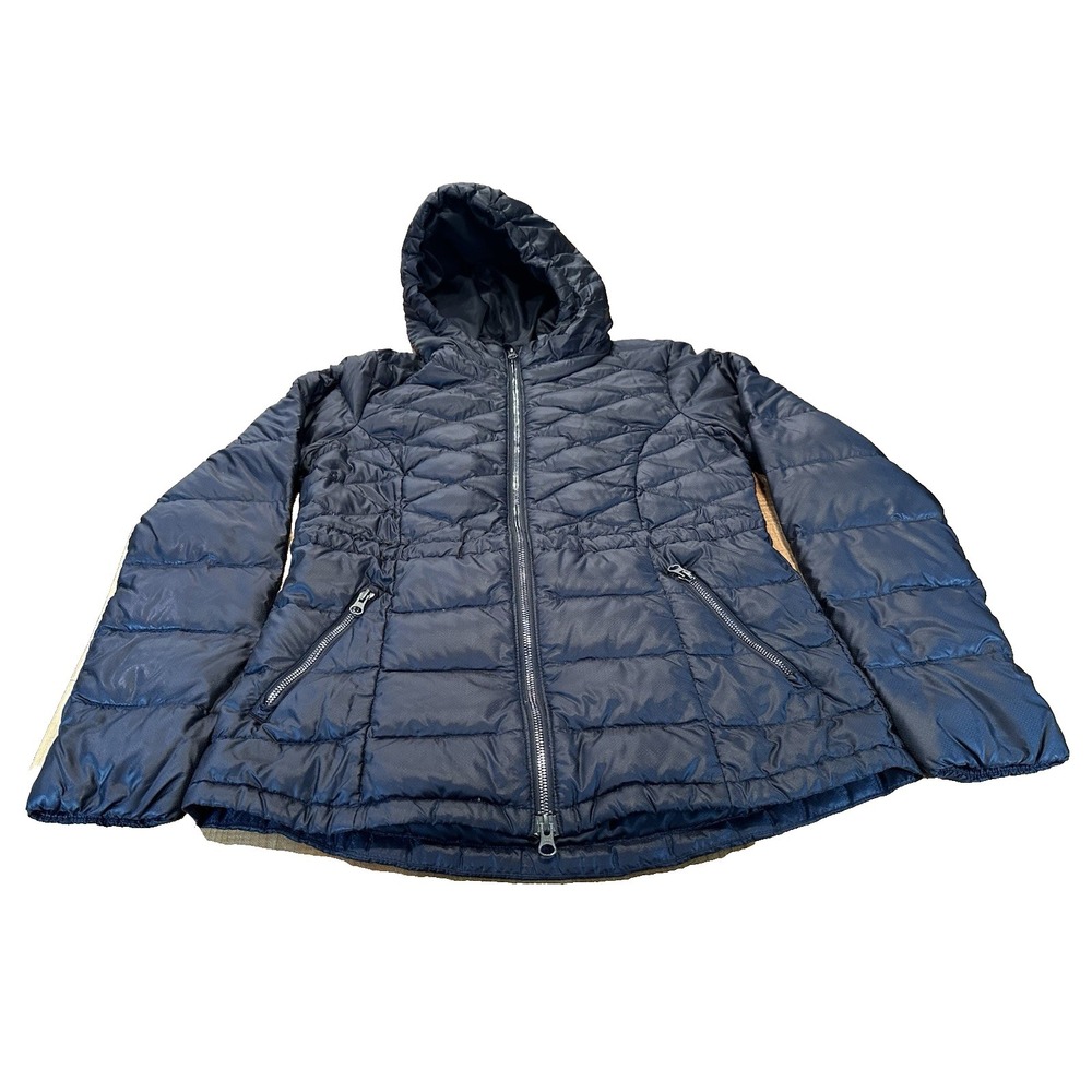 Athleta Goose Down Puffer Jacket Womens Black Hooded Quilted Full Zip Size S